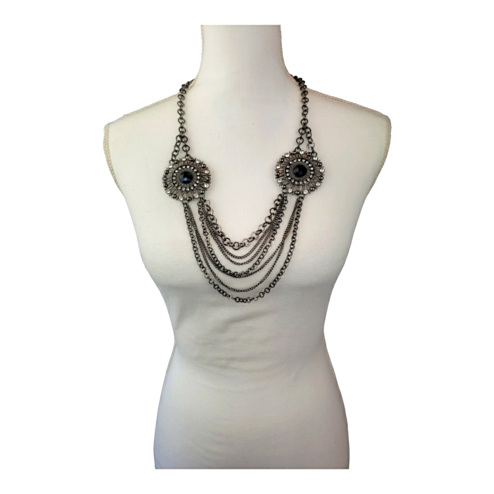 Express Statement Necklace Gunmetal/Black/Clear Rhinestones and Chains